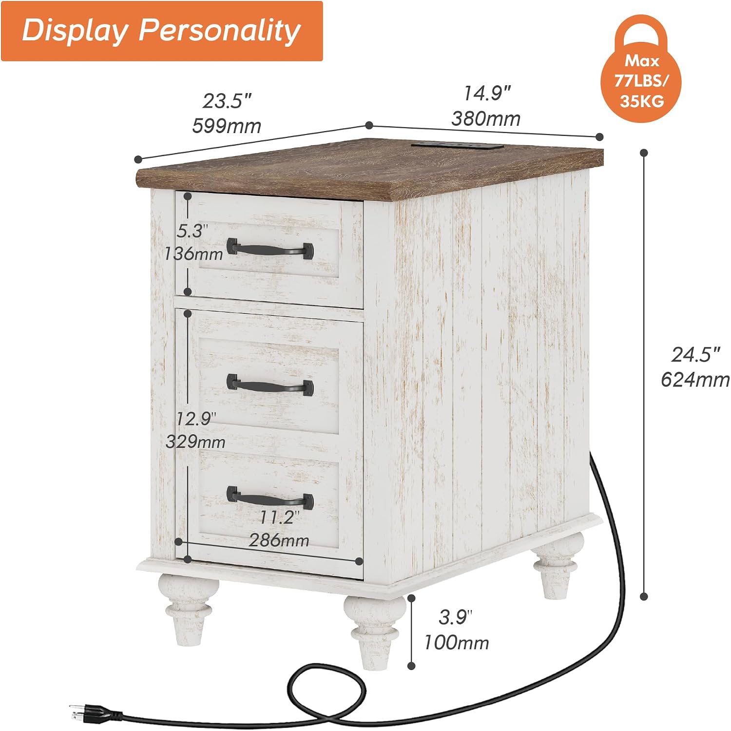 WAMPAT Antique White End Table with Charging Station, Wooden Side Table with Drawer & Storage Cabinet, Farmhouse Nightstand with Power Outlets & USB Ports for Living Room, Bedroom
