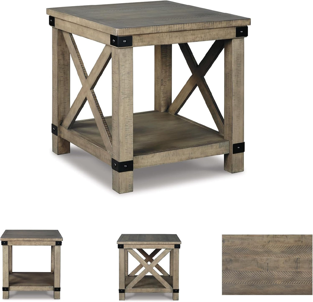 Signature Design by Ashley Aldwin Casual Farmhouse Rectangular End Table with Crossbuck Details, Metal Bracket Accents, Wood, 25' High, Weathered Gray