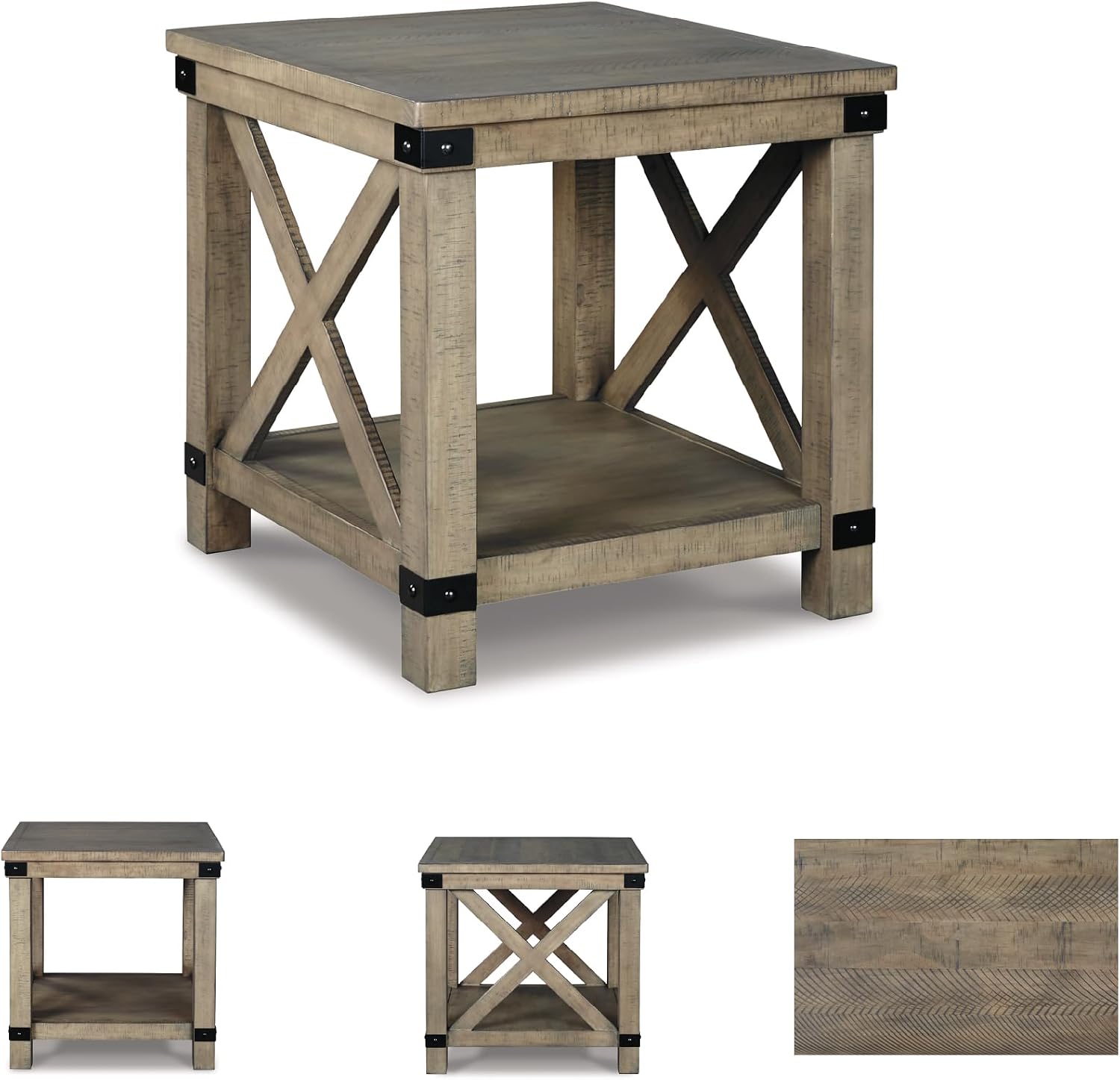 Signature Design by Ashley Aldwin Casual Farmhouse Rectangular End Table with Crossbuck Details, Metal Bracket Accents, Wood, 25' High, Weathered Gray