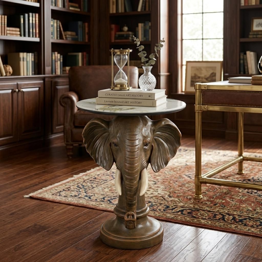 Elephant Sculptural Side Table, 19.69' W x 25.98' H Faux Marble Top, Animal End Table, Unique Accent Table for Living Room,Bedroom, Gift for Housewarming