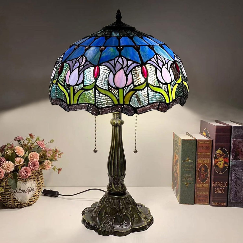 16 Inch Tulip Stained Glass Lampshades, Tiffany Replacement Lamp Shade, Only Handmade Retro Glass Shade Replacement for Table Lamp Pendant Light Floor Lamp Ceiling Fixture,Blue