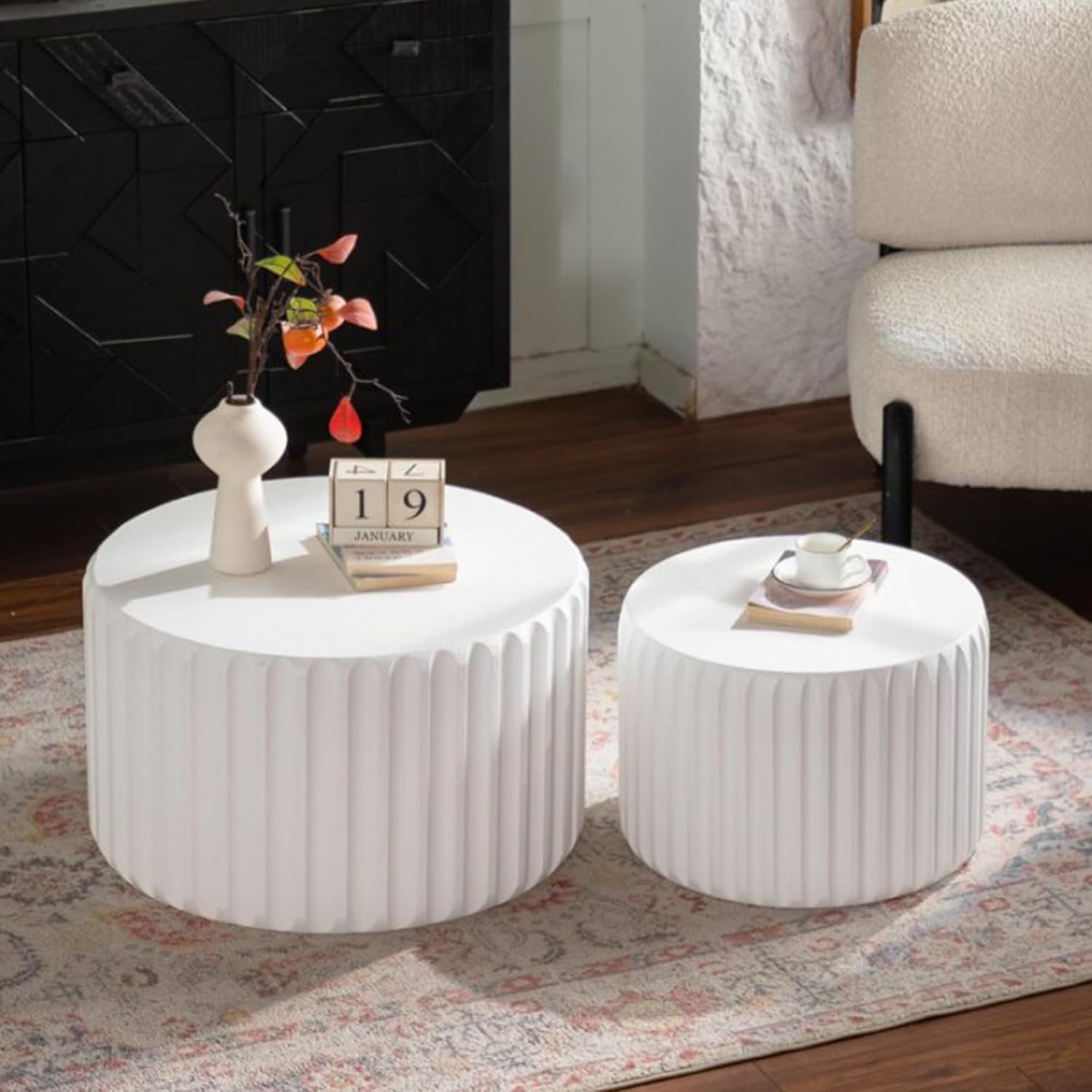 WILLIAMSPACE 46.46' Round Nesting Coffee Table Set of 2, Modern Circle Drum Center Tables Curved-Edge Shape Tea Table for Living Room, No Assembly (White)