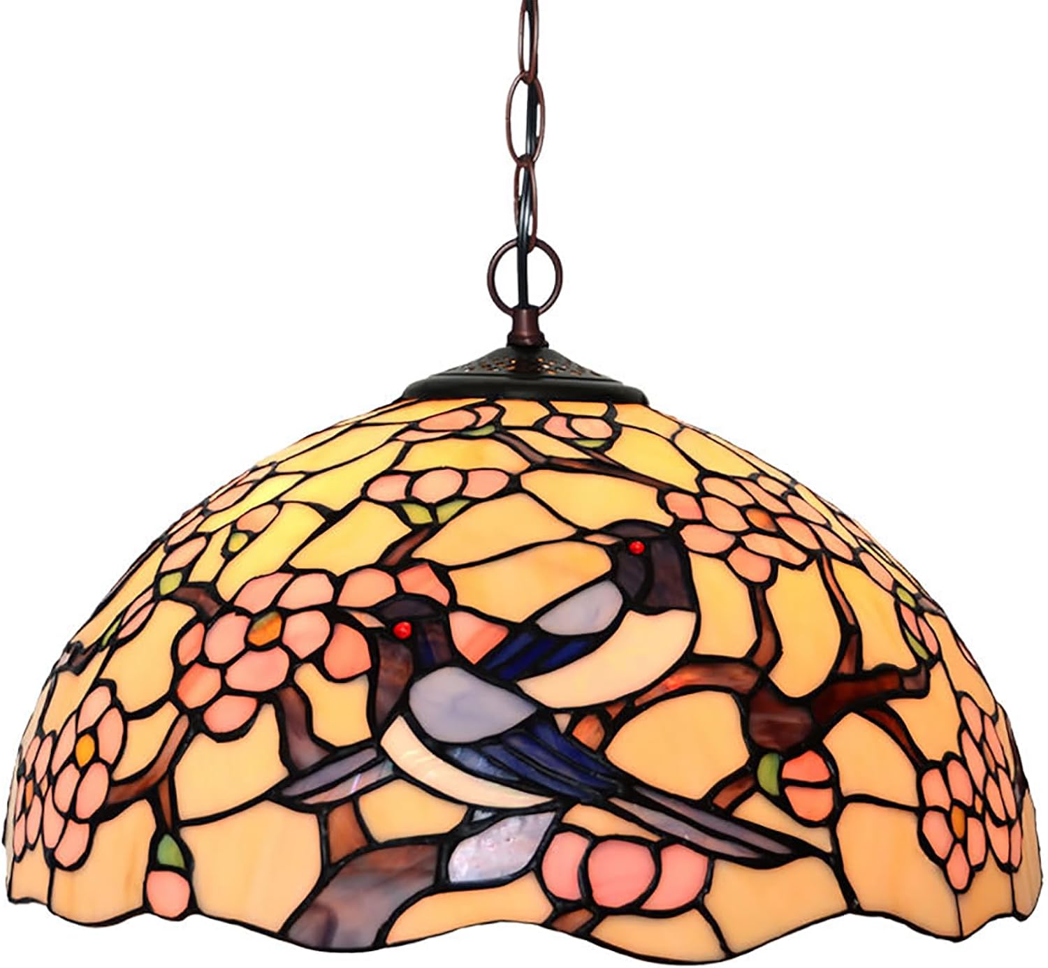16 Inch Pink Blue Stained Glass Lamp Shade Replacement Only, Style Pastoral Bird Flower Lampshade for Table Lamp, Desk Lamp, Floor Lamp,Ceiling Light,