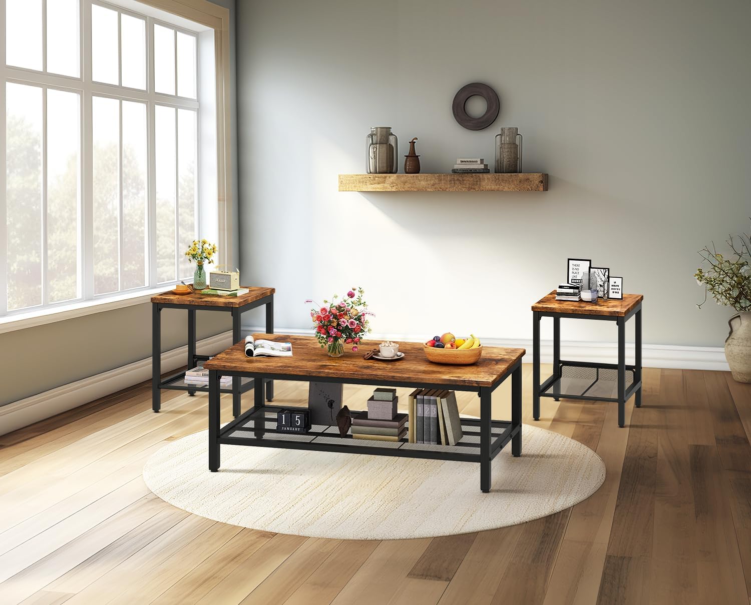 DKLGG Coffee Table Set of 3, Vintage Wood Coffee Table & 2 End Tables, Square Tabletop Modern Industrial Living Room 3-Piece Set for Apartment Home Office, Rustic Brown
