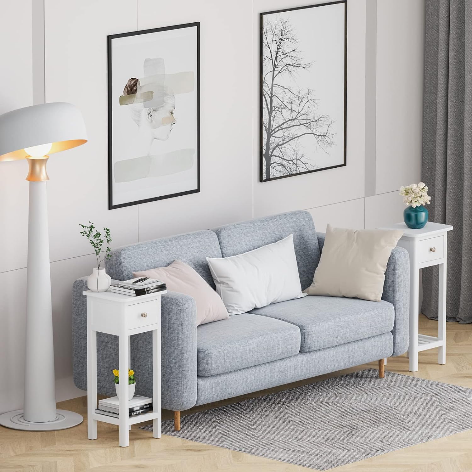 Giantex Tall End Table Set of 2, Narrow Side Table with Drawer and Shelf, Acacia Wood Nightstand for Living Room, 2-Tier Bedside Table for Small Space, No Assembly, White