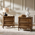 HULALA HOME Solid Wood End Tables Set of 2 with Charging Station Space, Vintage Endtables with Wood Legs and 2 Drawers, French Side Tables for Living Room, Walnut