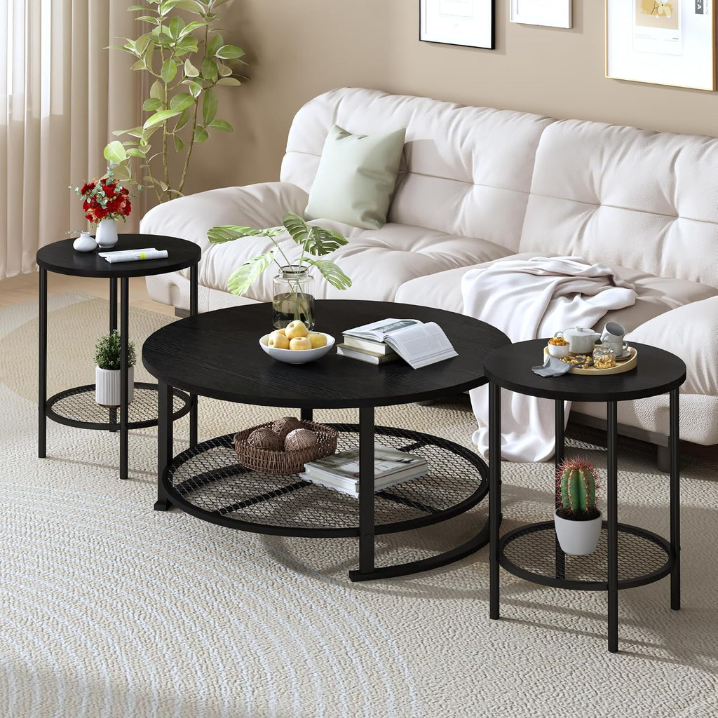 Recaceik Round Coffee Table and End Table Set of 3 with Storage, Modern Vintage Black Coffee Table and Side Table for Living Room, Office, Apartment, Small Space