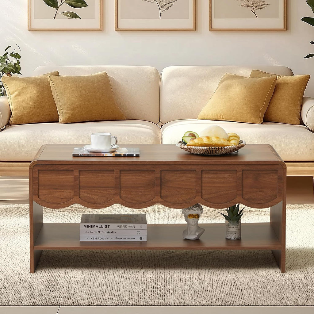 Lift Top Coffee Table with Hidden Compartment, 2 Tier Wooden Center Table with Wave Panel, Modern Lift Tabletop for Home Living Room Office, Walnut