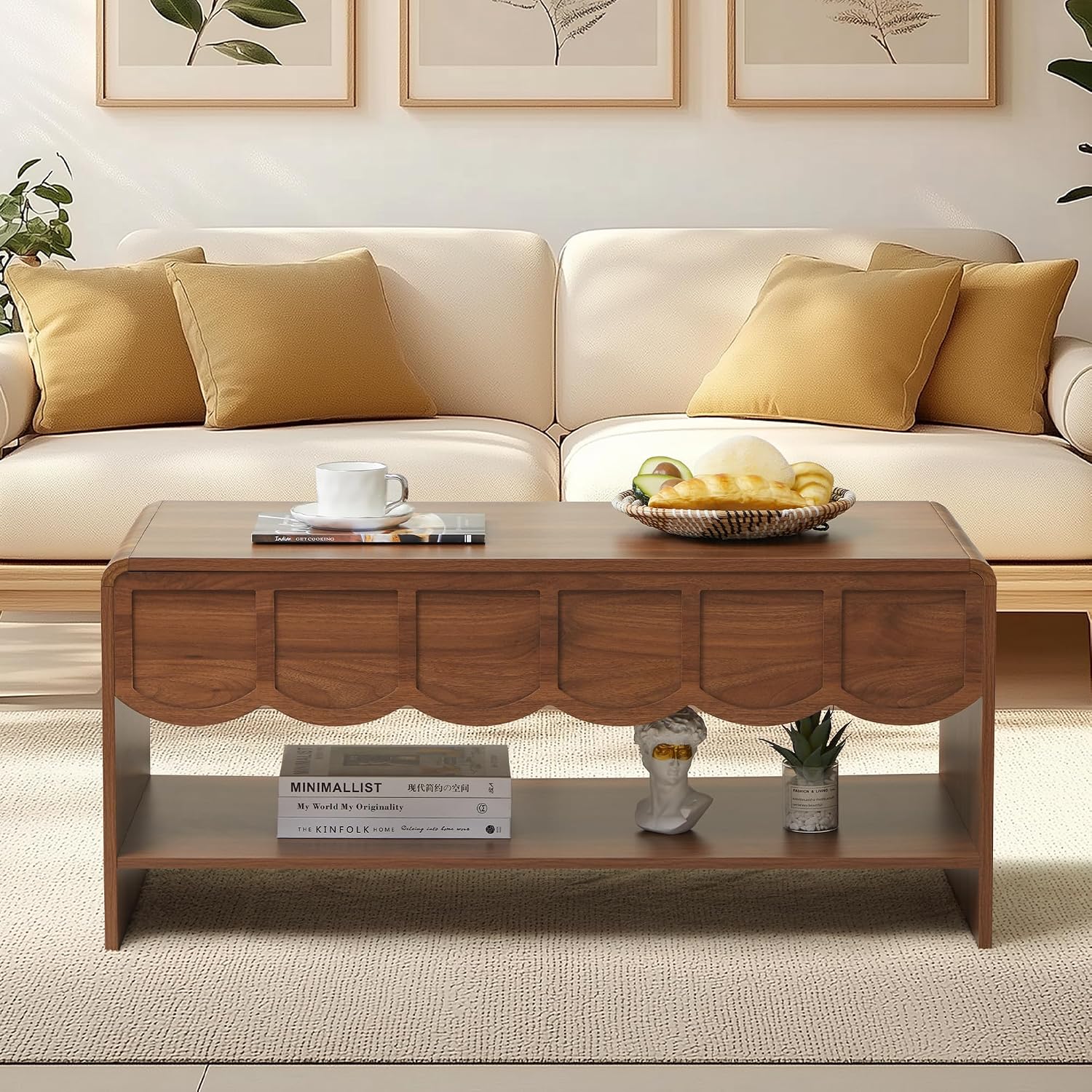 Lift Top Coffee Table with Hidden Compartment, 2 Tier Wooden Center Table with Wave Panel, Modern Lift Tabletop for Home Living Room Office, Walnut
