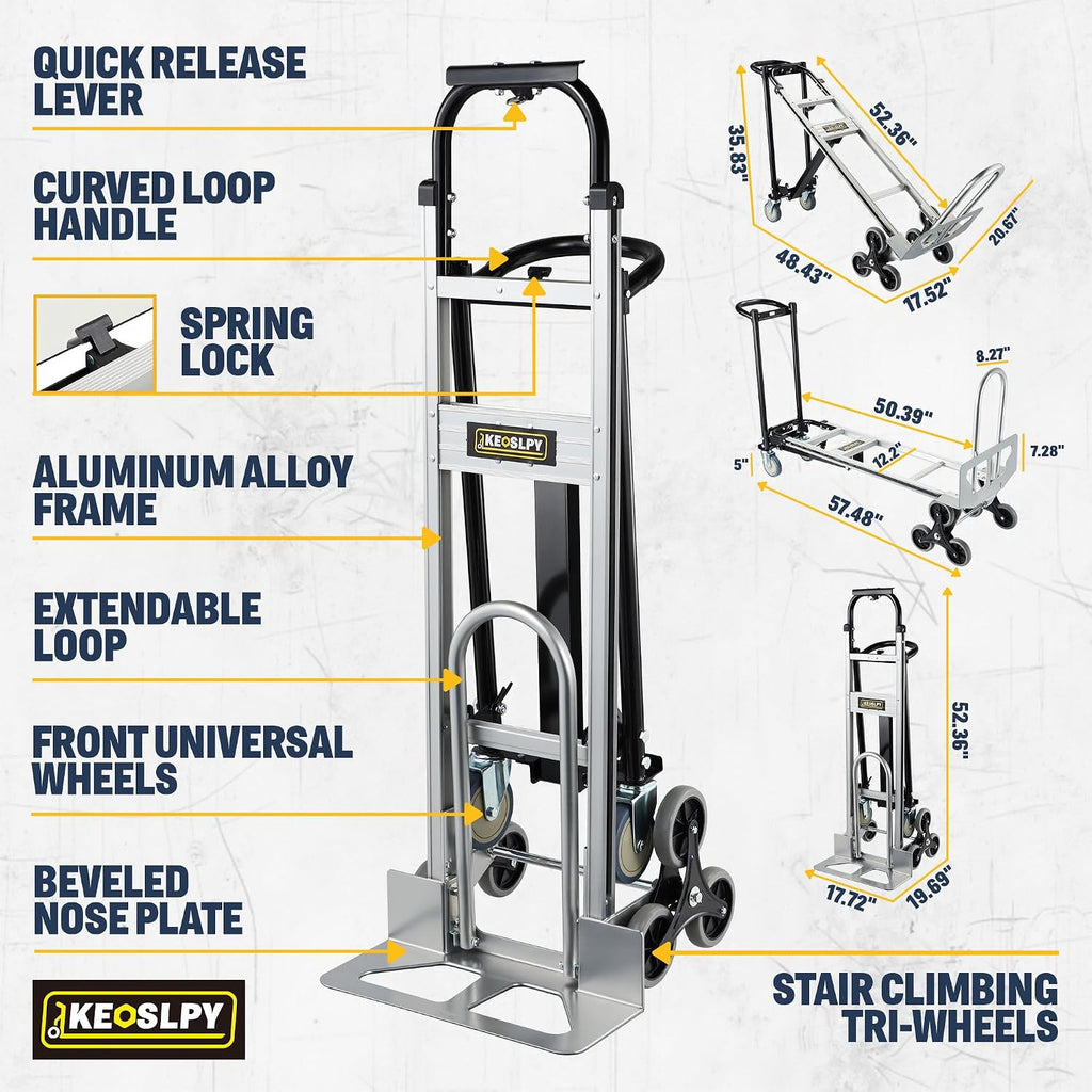 CSHT-2243B 3 in 1 Industrial Convertible Aluminum Hand Truck Dolly Cart, 1000 LBS Capacity, Heavy Duty Stair Climbing Utility Trolley Platform Cart with Wheels for Transport & Moving