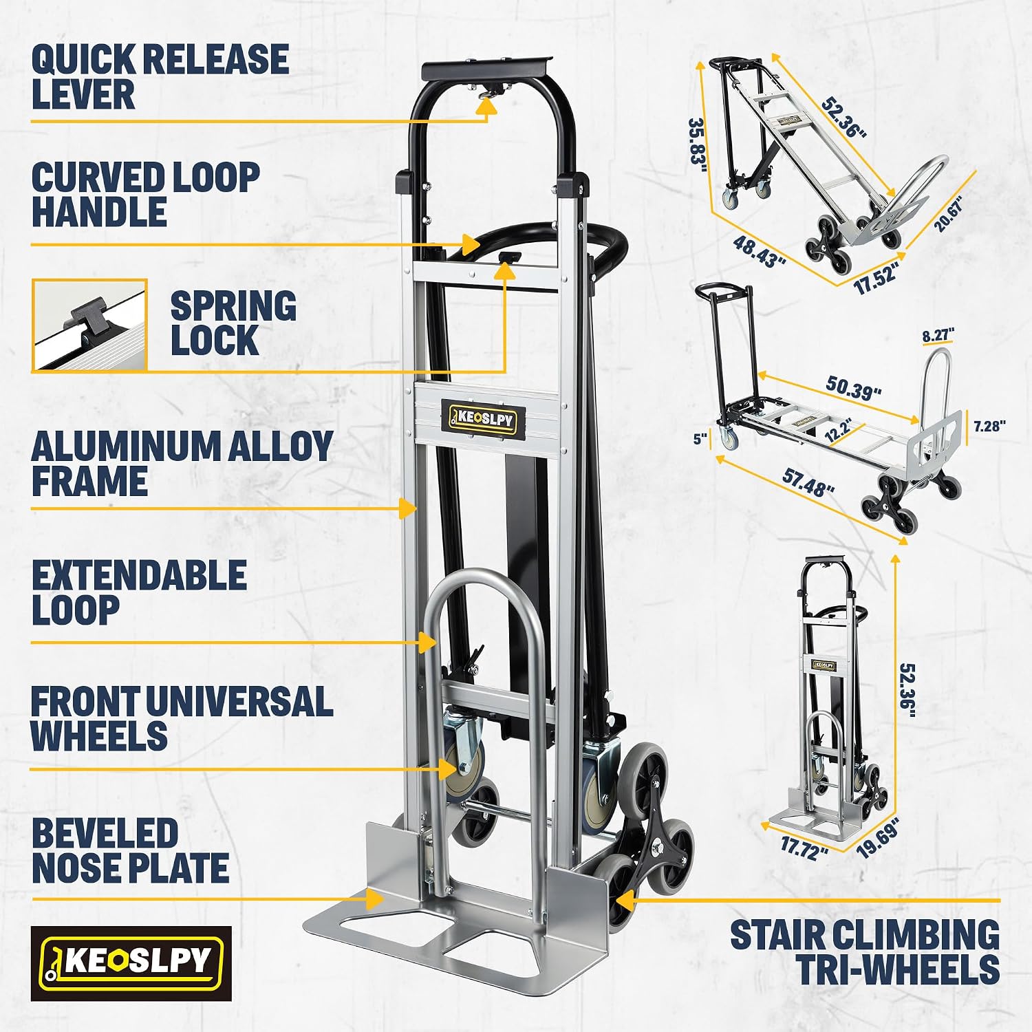 3 in 1 Industrial Convertible Stair Climbing Cart 1000 LBS Capacity, Heavy Duty Aluminum Hand Truck Dolly Cart with Wheels, Folding Stair Climbing Cart Trolley for Transport & Moving