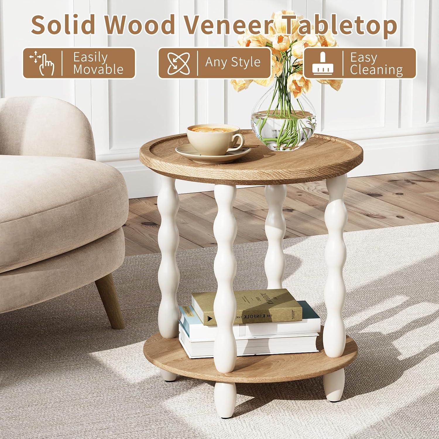 Round End Table, 2-Tier Farmhouse End Table, 18.5'' Handcrafted Weathered Look Wooden Nightstand, Pine Leg, Small Side Tables for Living Room, Small Space, Bedroom, Boho, Easy Assembly, Cream Beige