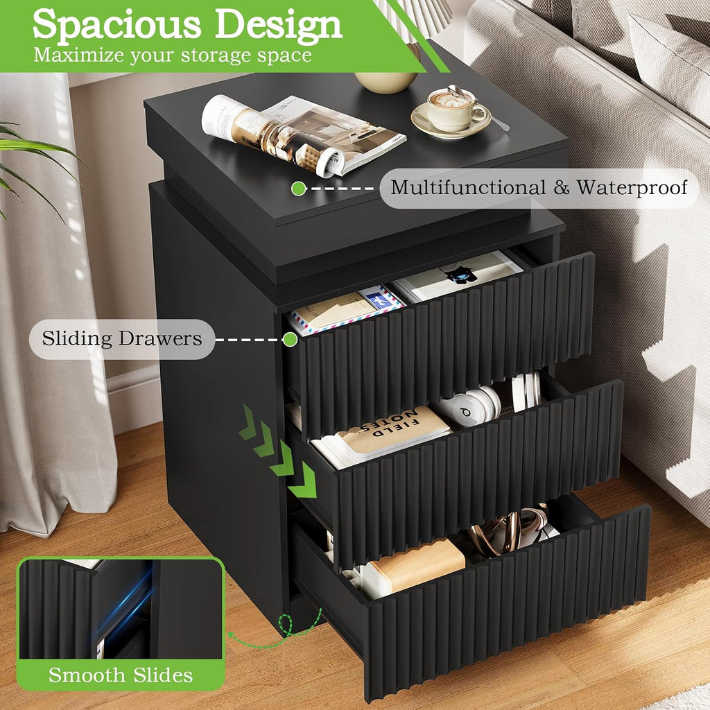 Night Stand Set 2 with Charging Station & LED Light, Mid Century Modern Fluted Bedside & End Tables with 3 Drawers, Sliding Top & Hidden Storage, Wooden Farmhouse NightStand for Bedroom Office, Black