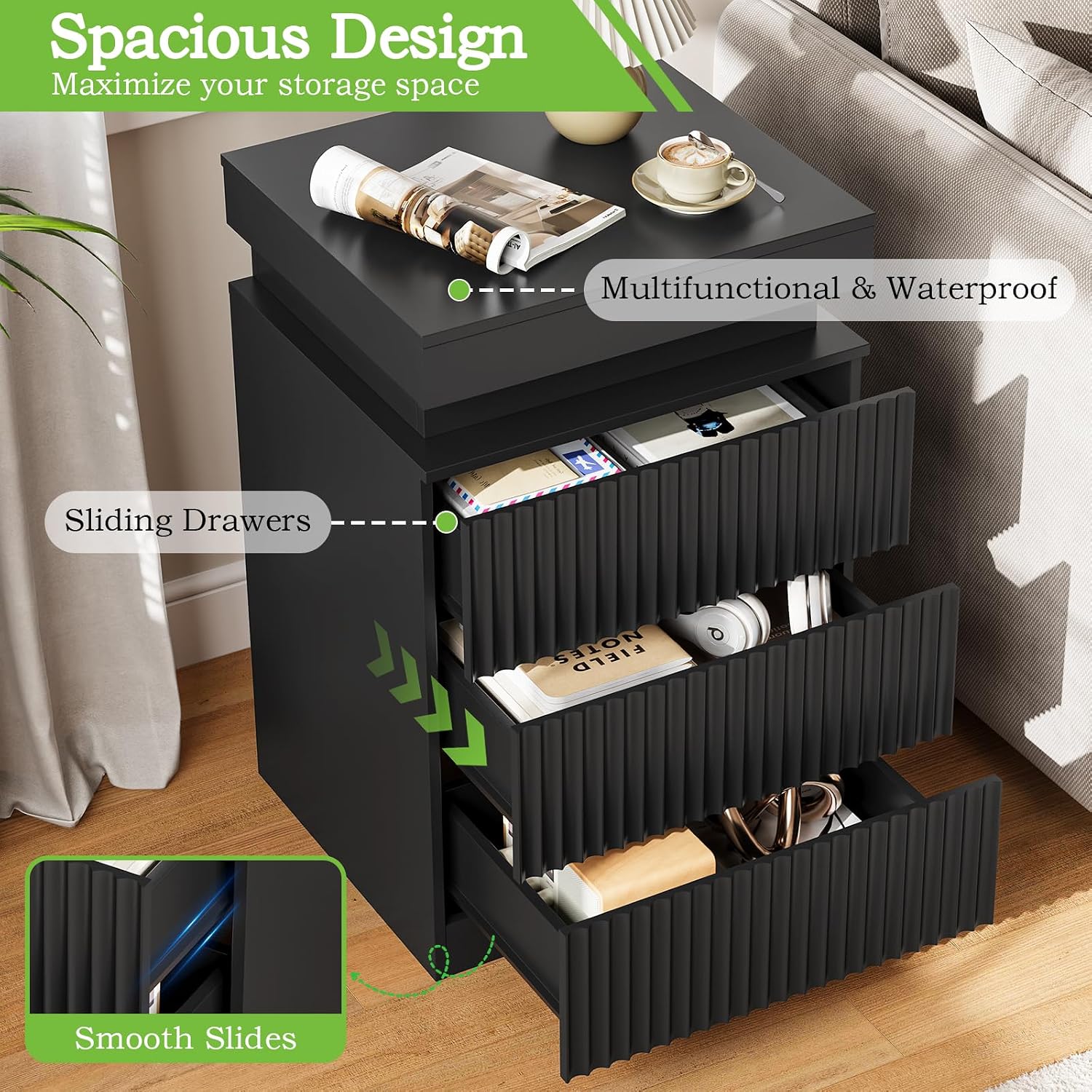 Night Stand Set 2 with Charging Station & LED Light, Mid Century Modern Fluted Bedside & End Tables with 3 Drawers, Sliding Top & Hidden Storage, Wooden Farmhouse NightStand for Bedroom Office, Black