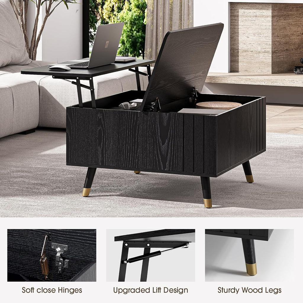 Square Coffee Table with Lift-Top & Flip-Top Storage, 36' Lift Tabletop Dining Center Table with Solid Wood Legs, Functional Modern Black Coffee Tables for Living Room Small Space or Office