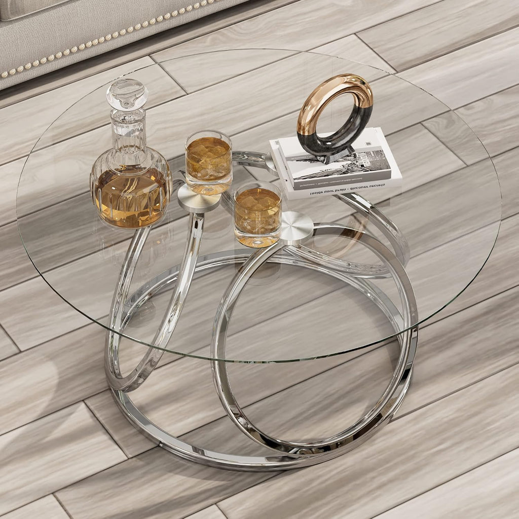 O&K FURNITURE Silver Coffee Table, Modern Glass Coffee Table Living Room Table with Ring-Shaped Frames, Glass Coffee Table for Home&Office, Chrome Finish, 1 PC | Modern