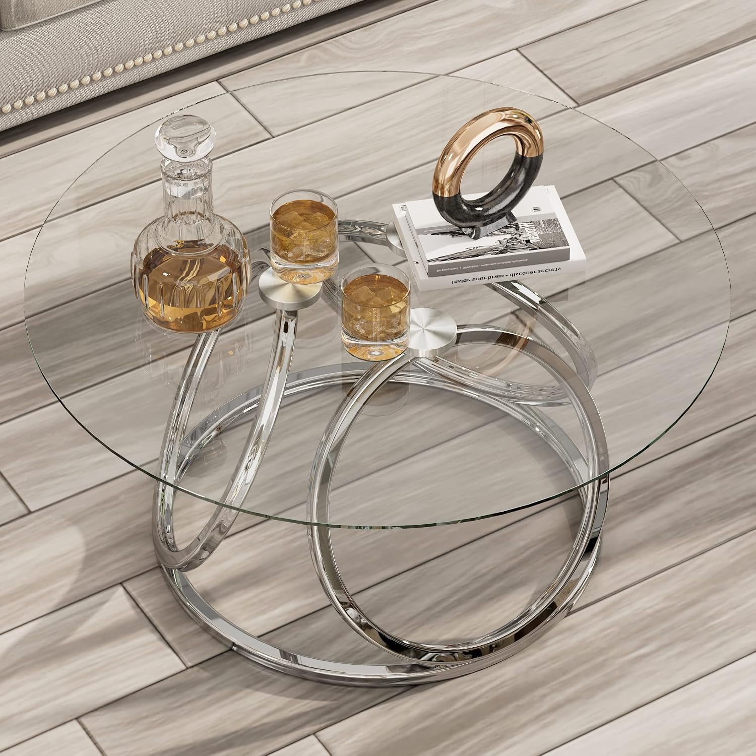 O&K FURNITURE Silver Coffee Table, Modern Glass Coffee Table Living Room Table with Ring-Shaped Frames, Glass Coffee Table for Home&Office, Chrome Finish, 1 PC | Modern