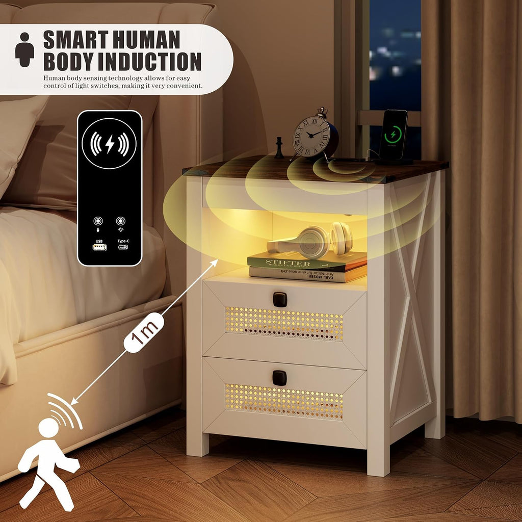 Bedside Table Set of 2 with Charging Station, Nightstand with Gun Drawer, LED Night Stand with Human Sensor Light, Farmhouse End Table for Bedroom Living Room, White