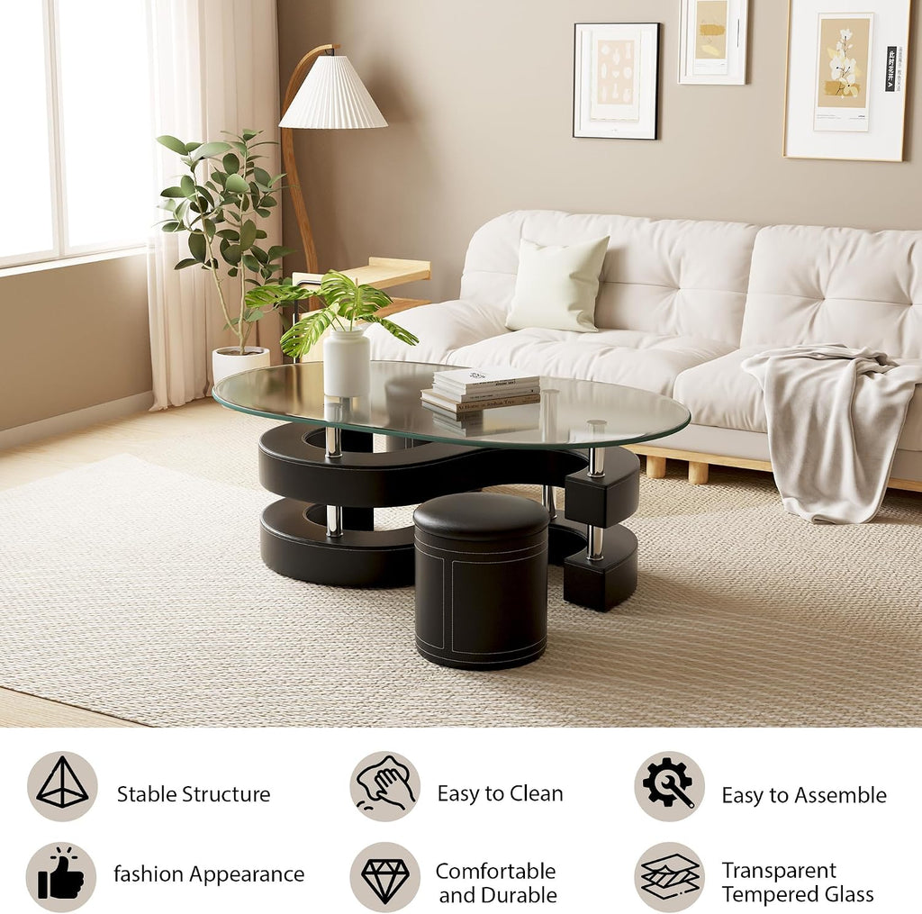 Oval Glass Coffee Table Set of 3, 0.39' Tempered Glass Top and S Shape Base, Modern Coffee Table with 2 Leather Stools, Accent Coffee Table for Living Room Bedroom, Black