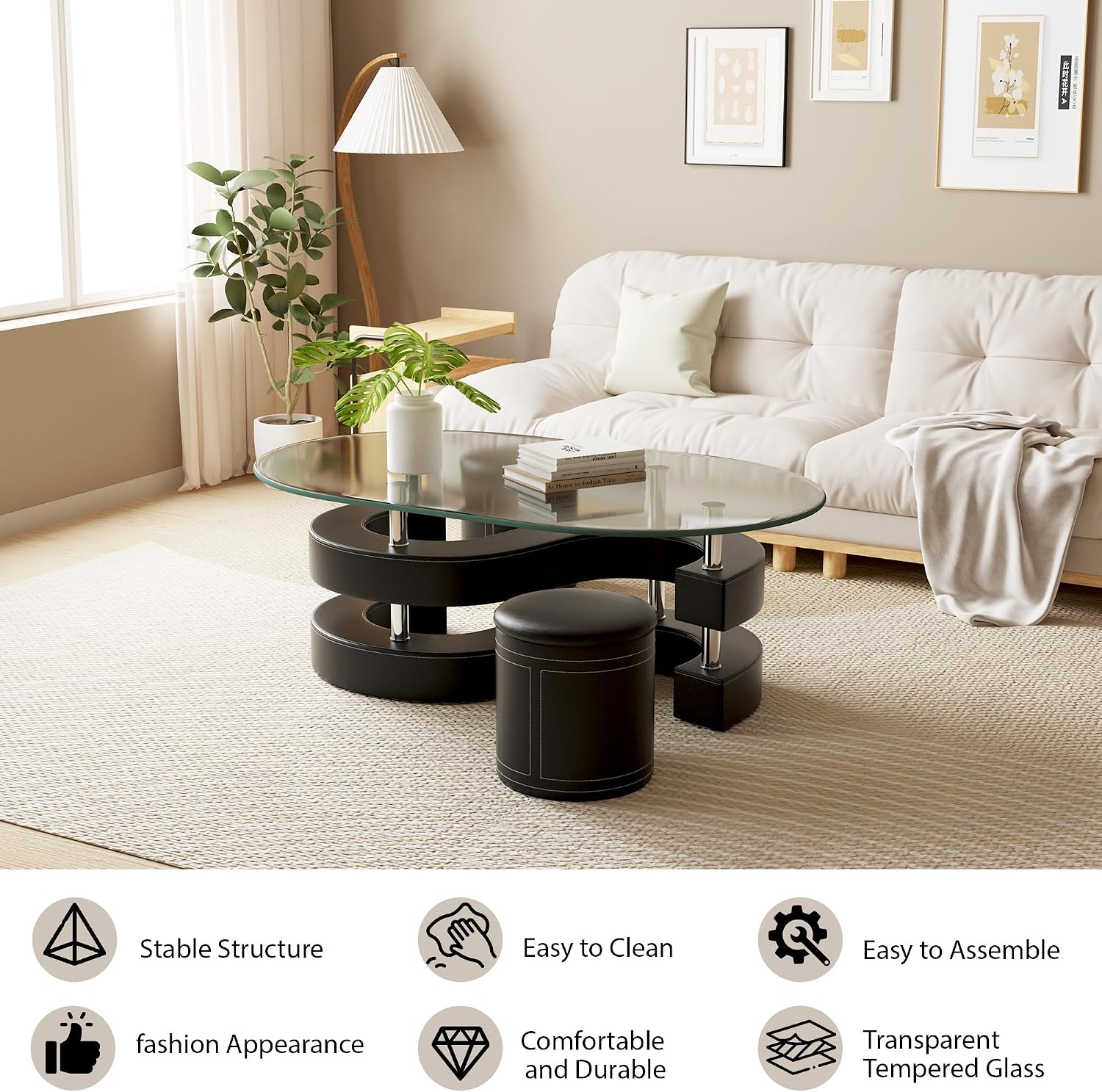 Oval Glass Coffee Table Set of 3, 0.39' Tempered Glass Top and S Shape Base, Modern Coffee Table with 2 Leather Stools, Accent Coffee Table for Living Room Bedroom, Black