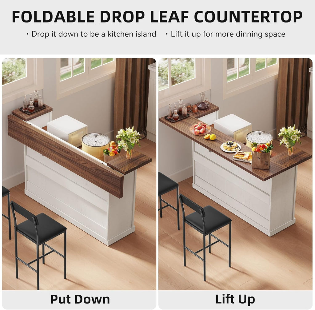 Kitchen Island with Storage, Rolling Kitchen Islands with Storage, 55' W Large Island Table, Breakfast Bar Counter with Drop Leaf, Trash Can Cabinet, Power Outlet for Dining Room, Walnut