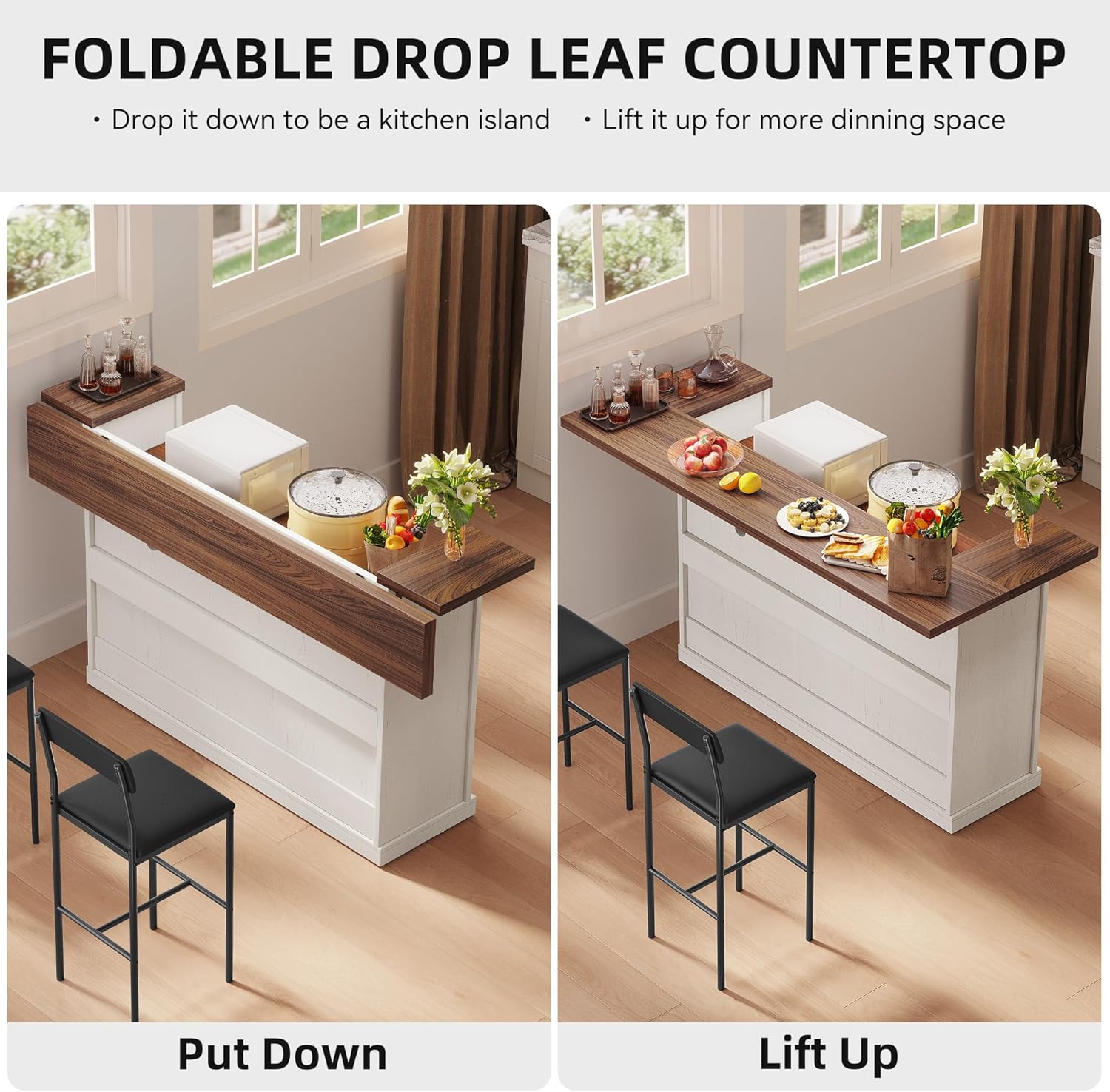 Kitchen Island with Storage, Rolling Kitchen Islands with Storage, 55' W Large Island Table, Breakfast Bar Counter with Drop Leaf, Trash Can Cabinet, Power Outlet for Dining Room, Walnut