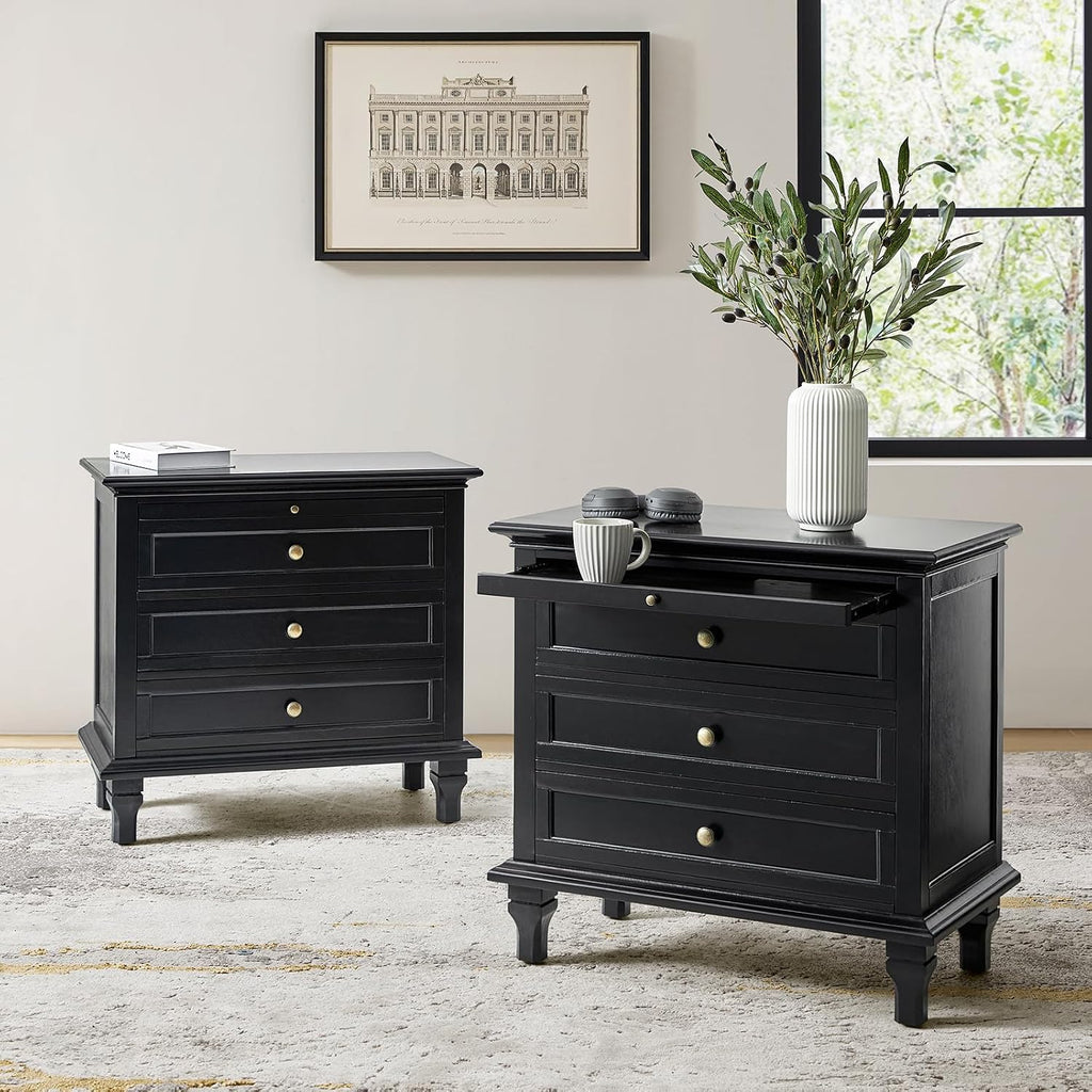 HULALA HOME Farmhouse 3 Drawer End Table with Tray, Drawer Organizer with Solid Wood Legs, End Table with Charging Station（Black, Set of 2）