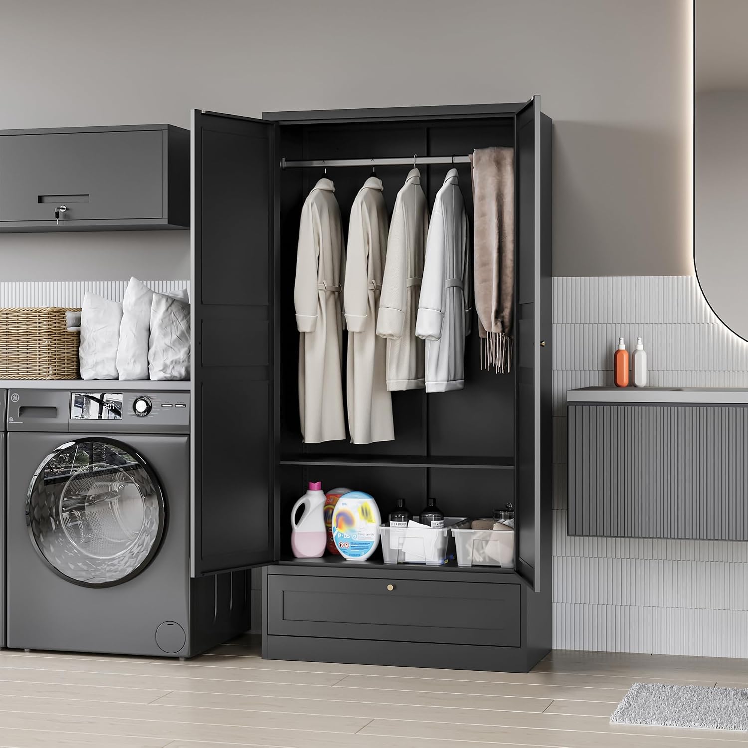 MIIIKO Wardrobe Closet with Drawer, 2 Doors Clothes Cabinet, 72' Metal Storage Cabinets with Hanging Rod and Shelf, Bedroom Armoires Laundry Room and Office Clothes Storage Organizer Cabinets