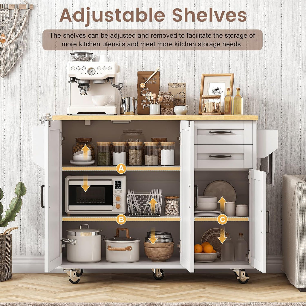VVFLU Rolling Kitchen Island On Wheels, Kitchen Island Cart with Drop Leaf Countertop, Barn Door Island Table with Storage Cabinet and 2 Drawer, 5 Wheels, Towel Rack and Spice Rack, White