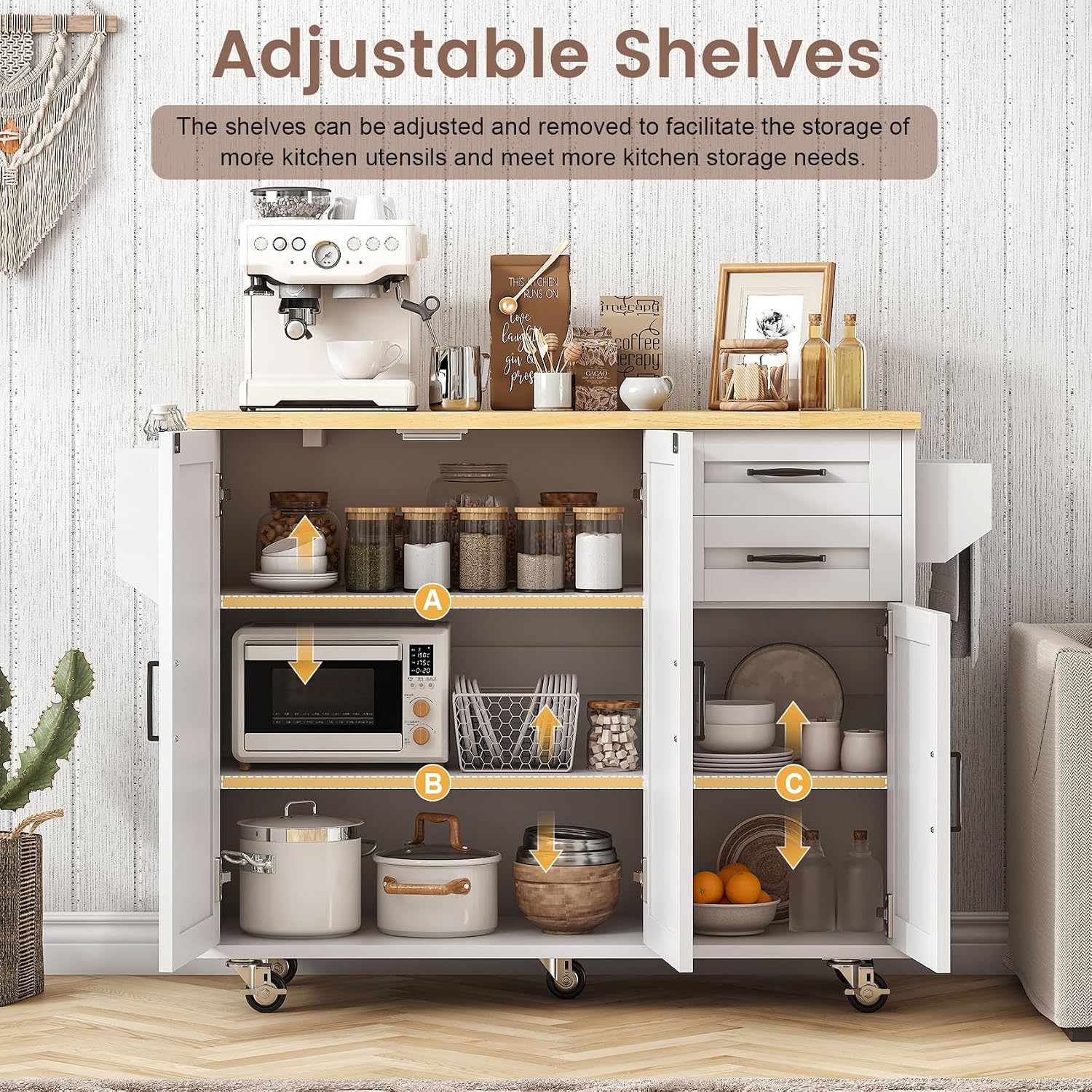 VVFLU Rolling Kitchen Island On Wheels, Kitchen Island Cart with Drop Leaf Countertop, Barn Door Island Table with Storage Cabinet and 2 Drawer, 5 Wheels, Towel Rack and Spice Rack, White