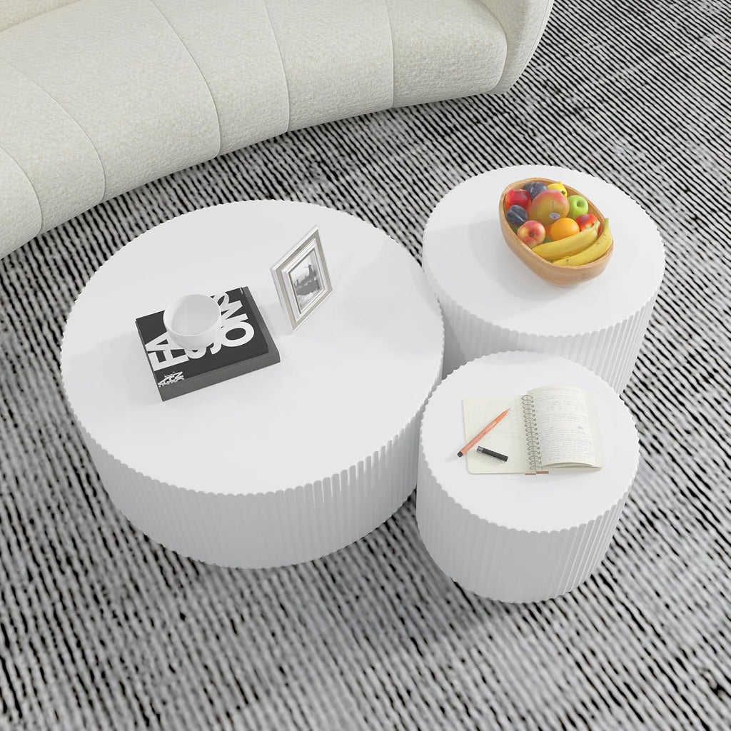 WILLIAMSPACE White Round Coffee Table Set of 3, Modern Circle Wood Coffee Table Set, 3 Peice Nesting Coffee Accent Side Table End Table for Home Office, No Assembly (3 PCS, White)