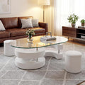 Oval Glass Coffee Table Set of 3, 0.39' Tempered Glass Top and S Shape Base, Modern Center Table with 2 Leather Stools, Accent Coffee Tables for Living Room Bedroom, White, 49.21'L x 27.56'W x 17.72'H