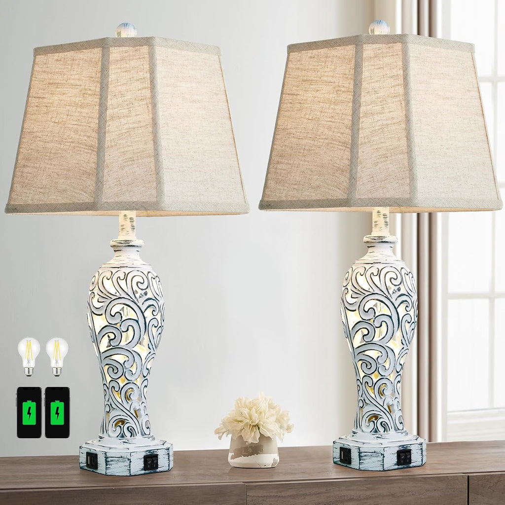 25'' Farmhouse Table Lamps Set of 2 for Living Room Bedroom, 2 USB Ports Rustic Vintage Nightstand Table Lamp with Nightlight, Hollow Out Resin Lamp for End Table (Bulbs Included)