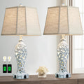 25'' Farmhouse Table Lamps Set of 2 for Living Room Bedroom, 2 USB Ports Rustic Vintage Nightstand Table Lamp with Nightlight, Hollow Out Resin Lamp for End Table (Bulbs Included)