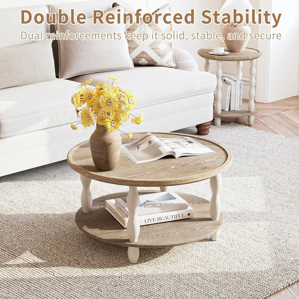 karlott Round Coffee Table, 30.3' Coffee Tables for Living Room, Solid Wood Veneer 2-Tier Center Table with Storage Shelf, Pine Leg, Boho Rustic Farmhouse for Living Room, Easy Assembly, Cream Beige