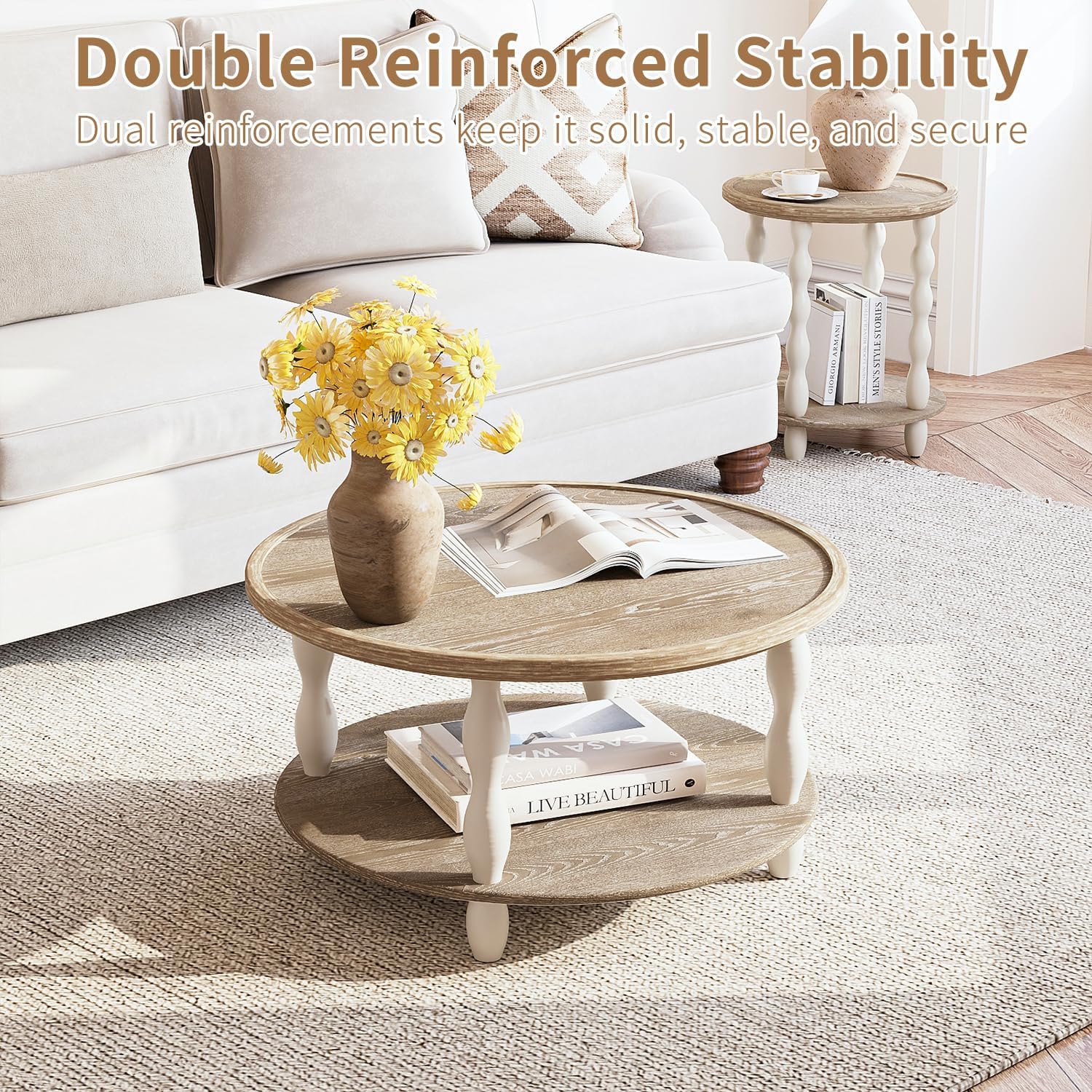 karlott Round Coffee Table, 30.3' Coffee Tables for Living Room, Solid Wood Veneer 2-Tier Center Table with Storage Shelf, Pine Leg, Boho Rustic Farmhouse for Living Room, Easy Assembly, Cream Beige