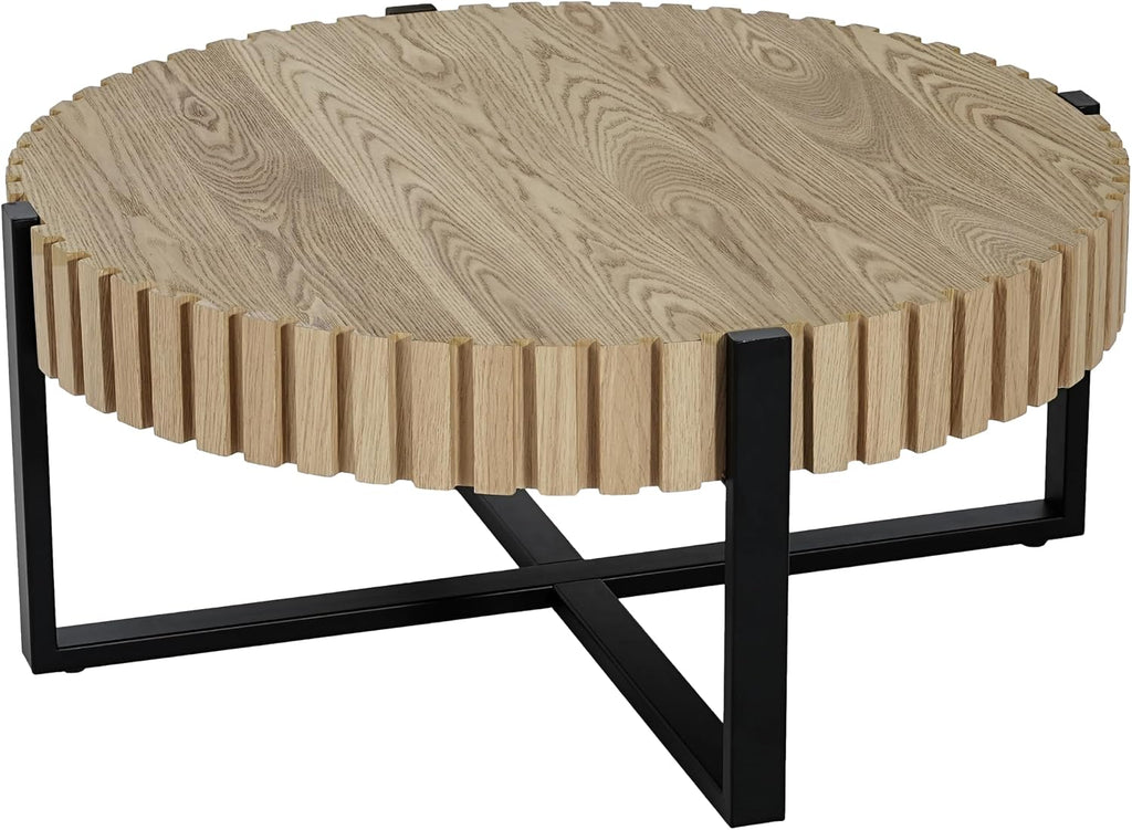Christopher Knight Home Sol 31.5'' Modern Round Coffee Table, Indoor Living Room Side Table, Wooden End Table with Cross Metal Base, Unique Gear Motifs and Fluted Edges, Black + Natural