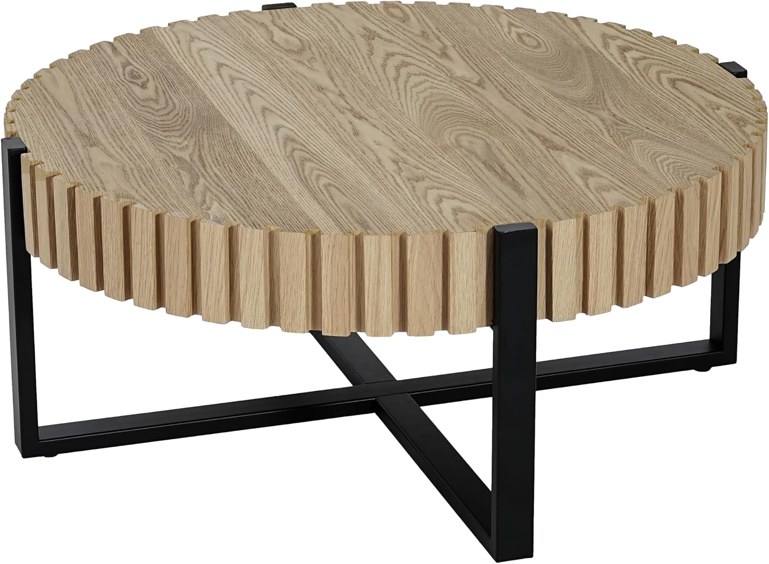 Christopher Knight Home Sol 31.5'' Modern Round Coffee Table, Indoor Living Room Side Table, Wooden End Table with Cross Metal Base, Unique Gear Motifs and Fluted Edges, Black + Natural