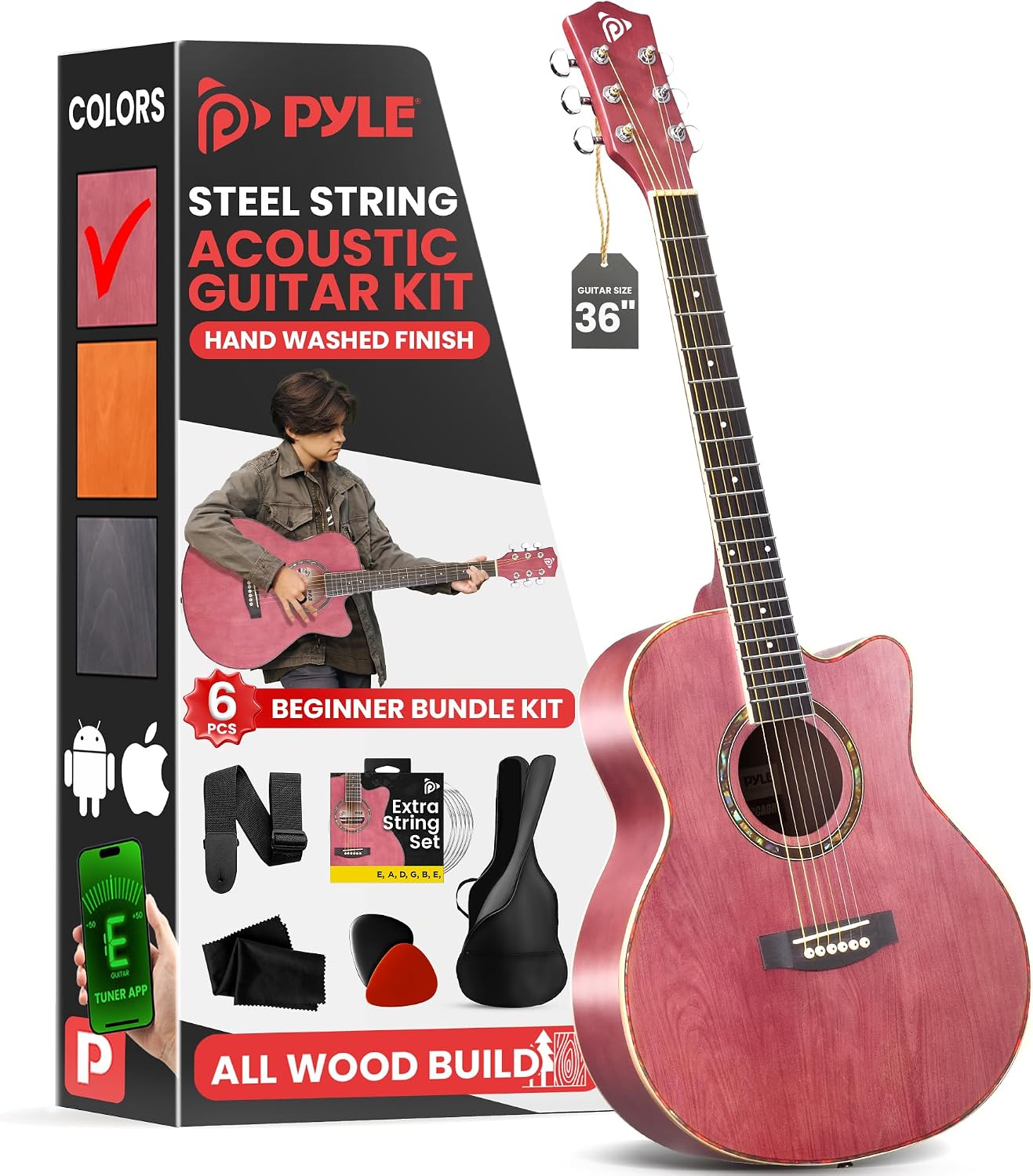 Pyle Acoustic Guitar Kit, 3/4 Junior Size All Wood Steel String Instrument for Beginner Kids, Adults, 36' Deep Ruby