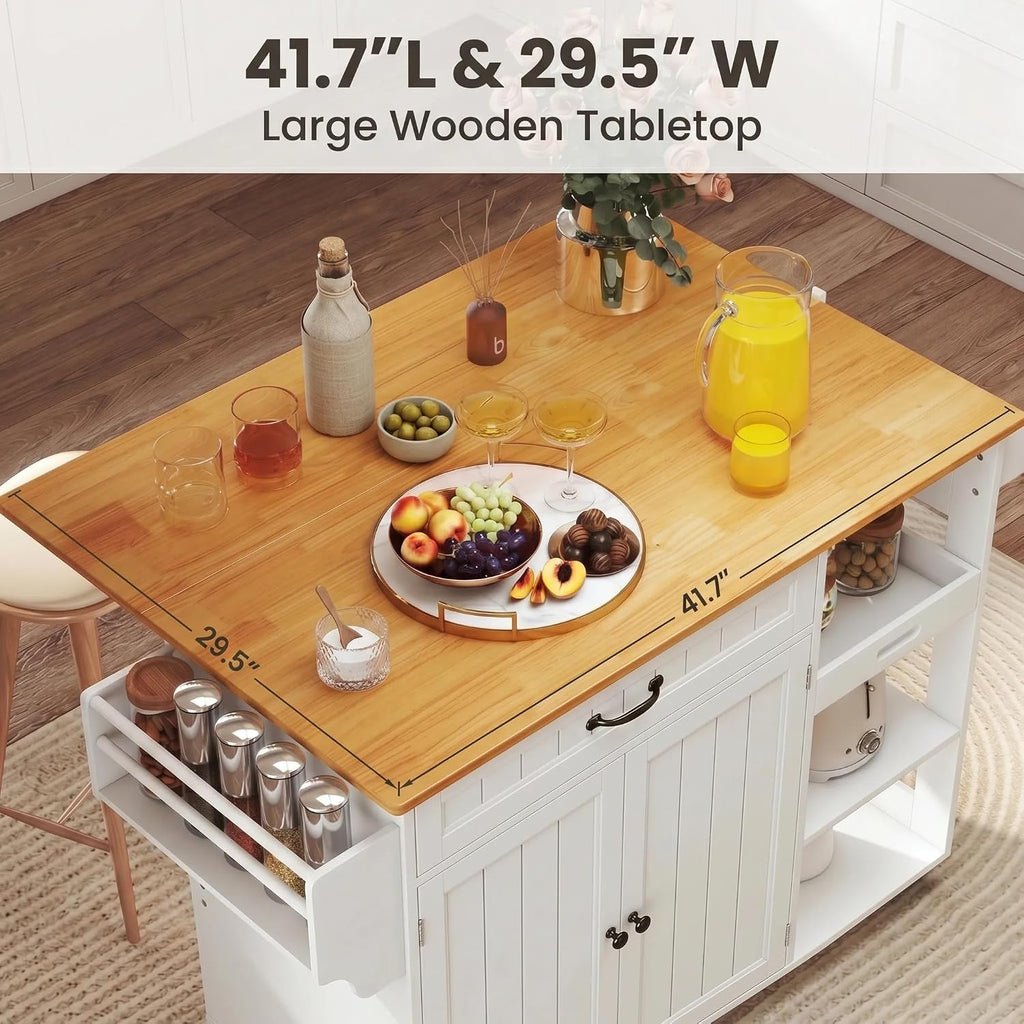 Gizoon Update Kitchen Island, 41.7' W Kitchen Island with Storage, Rolling Island Table on 5 Wheels, with Drop Leaf, Refrigerator Door, Adjustable Shelf, Spice/Towel Rack, Removable Tray, White