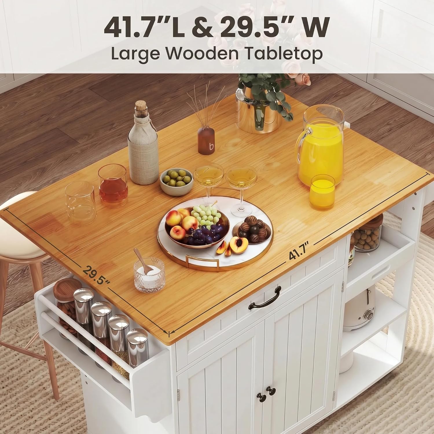 Gizoon Update Kitchen Island, 41.7' W Kitchen Island with Storage, Rolling Island Table on 5 Wheels, with Drop Leaf, Refrigerator Door, Adjustable Shelf, Spice/Towel Rack, Removable Tray, White