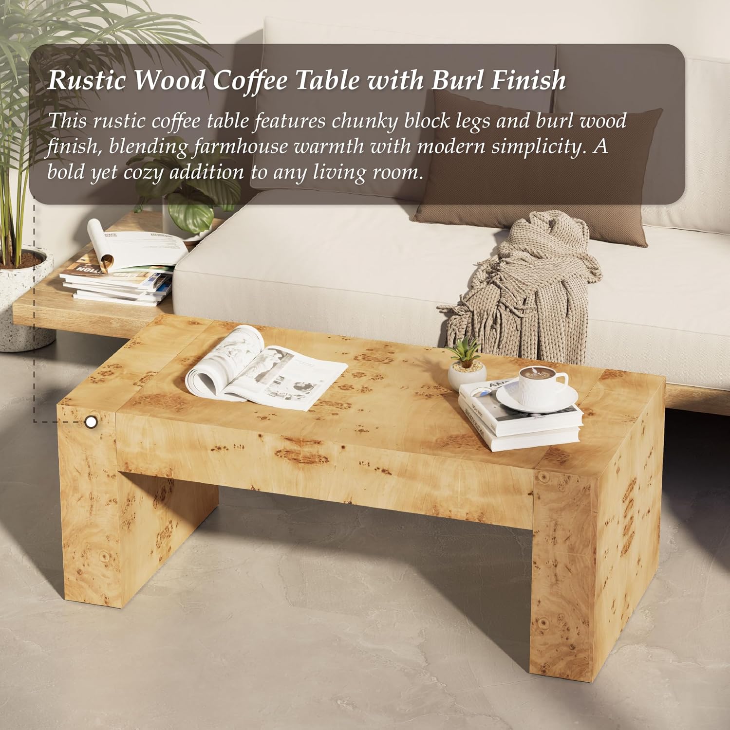 COZAYH Burl Finish Modern Wood Coffee Table with Thick Legs, Rectangular Living Room Center Table, Elegant and Sturdy Design, Farmhouse Style for Home Decor, Office, Natural