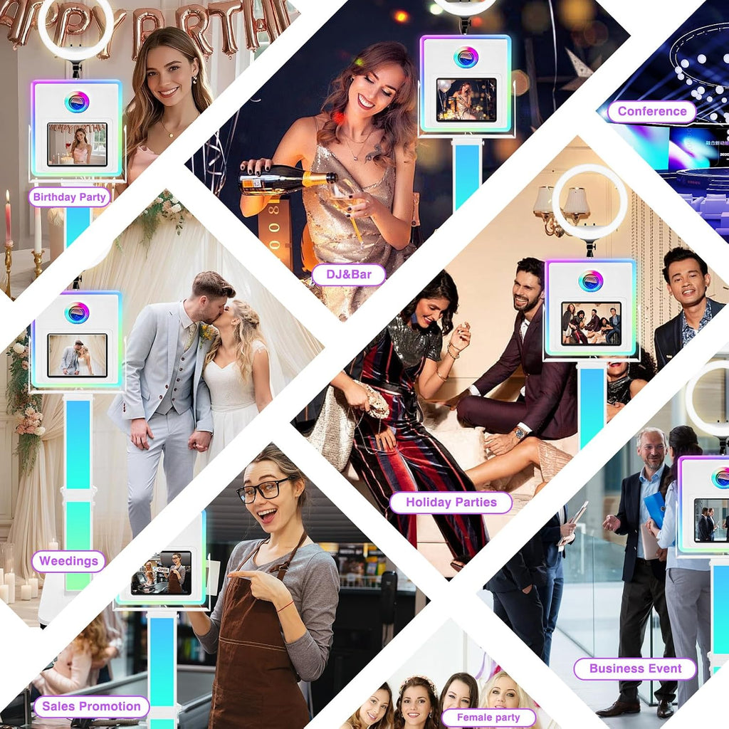 RDYMONKEY Photo Booth for All iPad and for Camera Dualuse Customized Logo Selfie Station Shell Stand APP Control RGB Ring Light Music Sync Light Box Photobooth Machine with Honeycomb Box for Rental