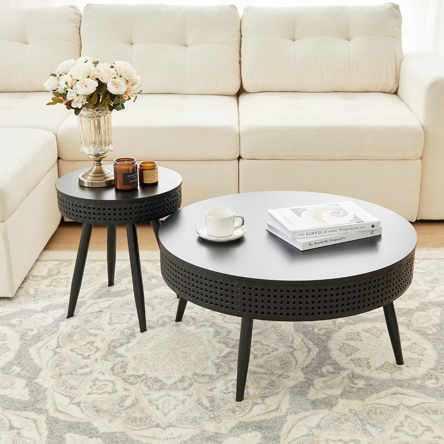 Bifins Black Round Nesting Coffee Table with Hidden Storage Set of 2, Modern Circle Coffee and End Table Set for Living Room Balcony (Black Set of 2)