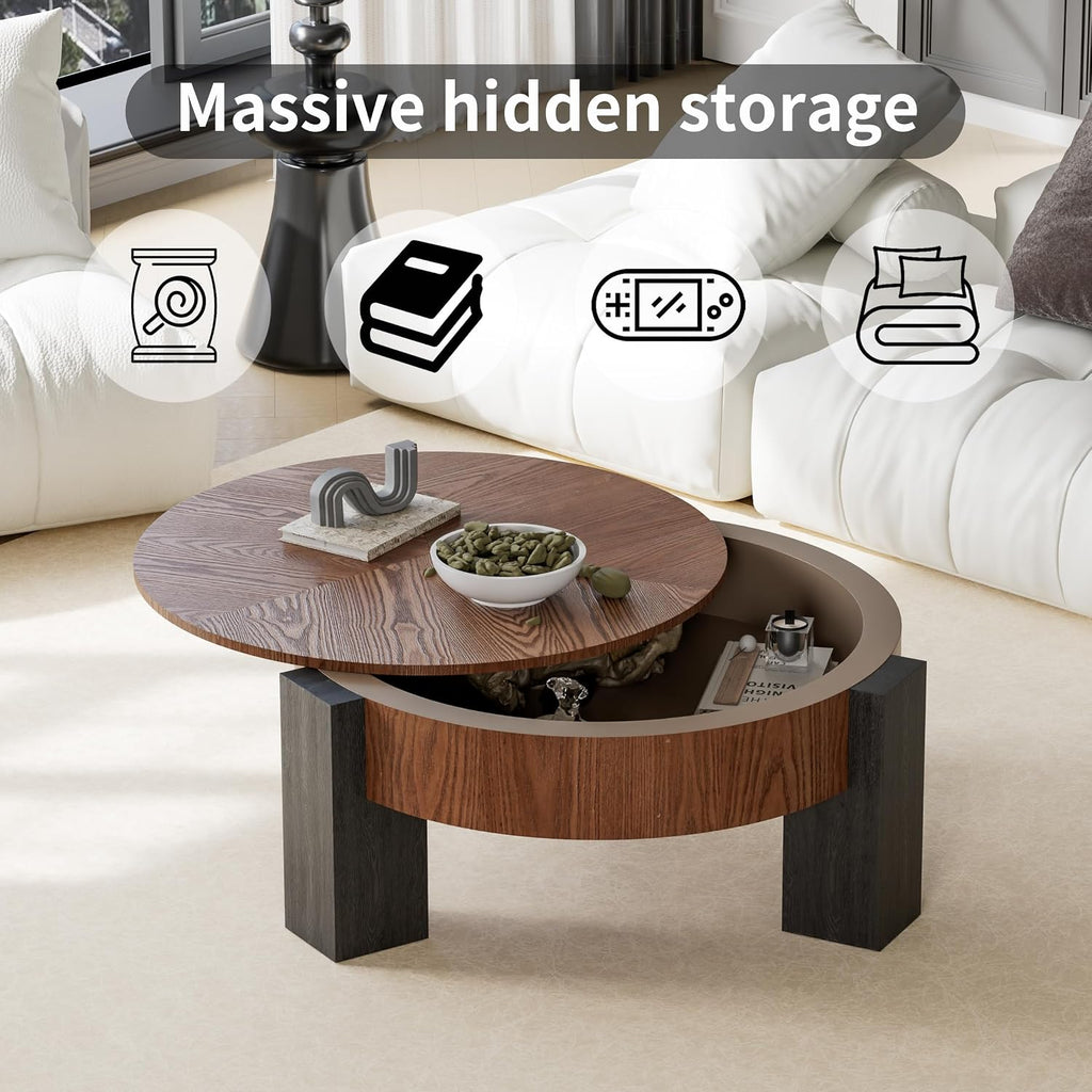 33'' Round Coffee Table with Hidden Storage, Modern Wood Veneer Top, 3 Block Legs Sturdy Center Accent Table for Living Room, Small Space, Walnut & Black