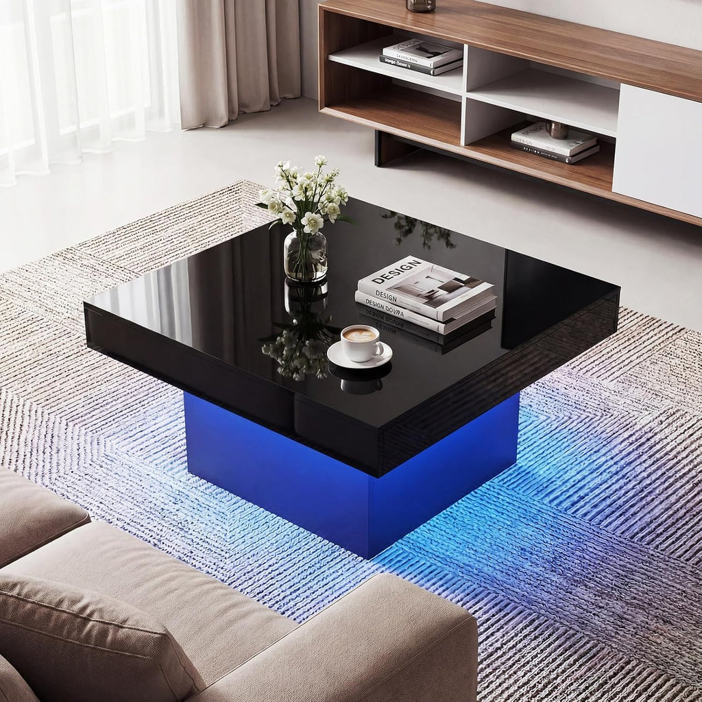 GOFLAME LED Coffee Table for Living Room, 35.5' Square Center Table with Storage, Adjustable Light Colors, Speed & Brightness, Remote Control, Modern High Glossy, Wooden Accent Tea Tables (Black)