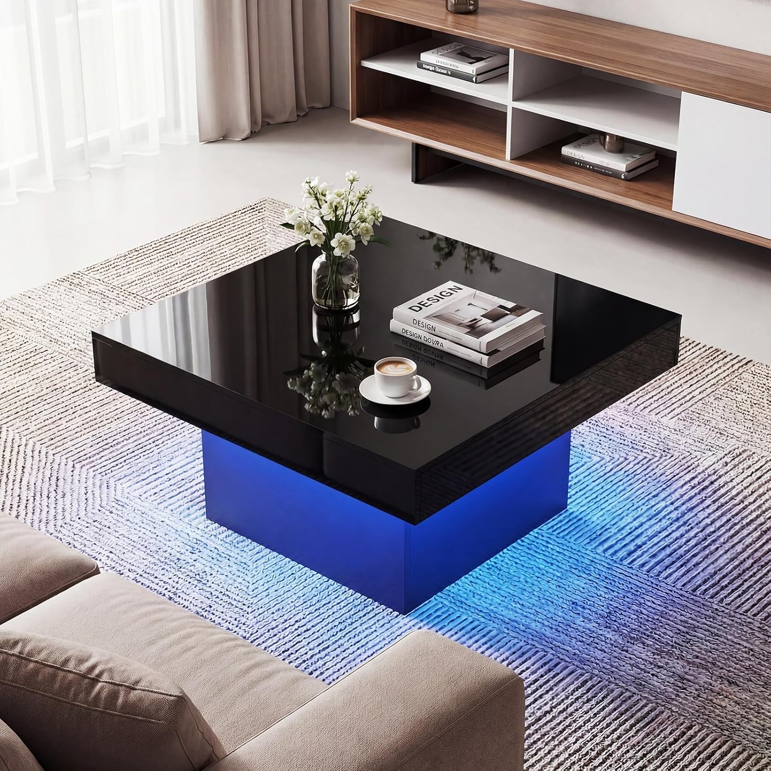 GOFLAME LED Coffee Table for Living Room, 35.5' Square Center Table with Storage, Adjustable Light Colors, Speed & Brightness, Remote Control, Modern High Glossy, Wooden Accent Tea Tables (Black)
