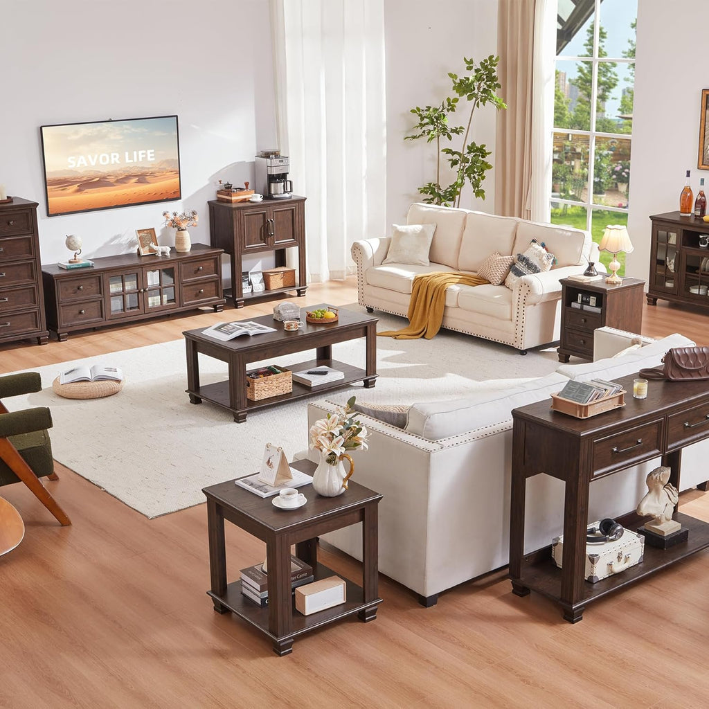 SAVOR LIFE Farmhouse Coffee Tables for Living Room,Square Living Room Tables with Open Storage Shelf,Large Modern Coffee Table,Rustic Brown Center Table,Walnut