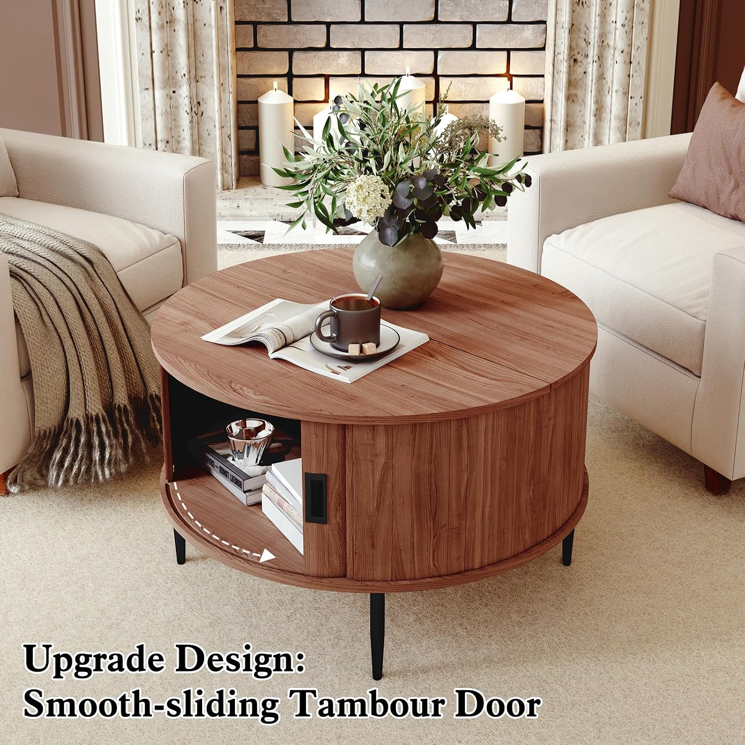 ARTPOWER 31.7' Round Coffee Table with Tambour Door, Mid Century Center Table for Living Room, Small Wood Fluted Circle Coffee Table with Storage, Walnut