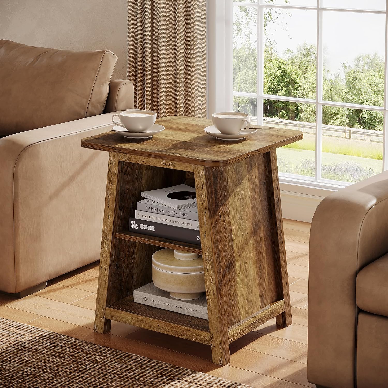 Tribesigns 3-Tier Rustic Farmhouse Wooden End Table with Open Storage Shelves, Trapezoid Angled Leg Side Table for Living Room, Small Space Friendly Sofa Side Table